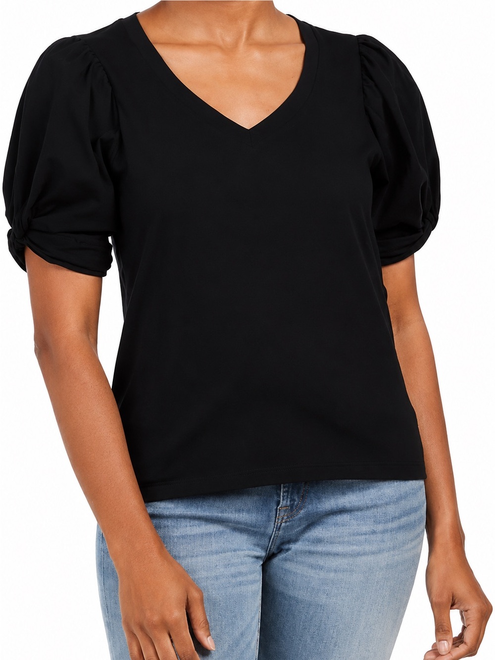 7 For All Mankind Black Puff Sleeve V-Neck Top Preppy Casual Cotton Size M